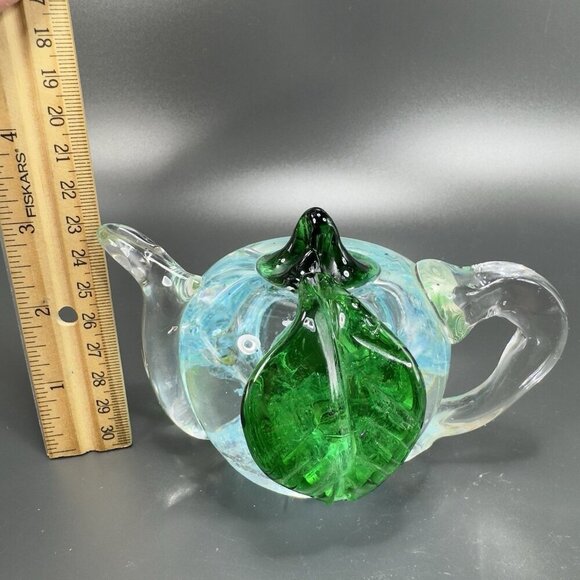 Vintage Venetian Art Glass Paperweight Hand Blown Teapot Shaped Green Leaf Glass - Picture 4 of 12
